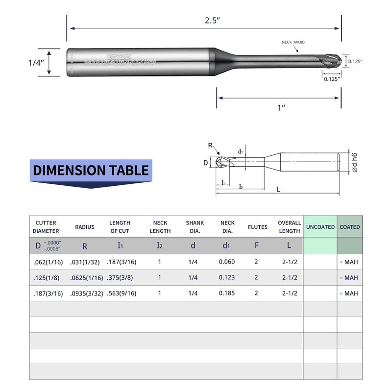 WEXWE Store Tools Ball Nose Carbide End Mill, TiAlCN Coating, CNC Cutting Tools for Stainless Steel,Hardened Steels,High Temp Alloys,Medium Alloy Steels, 2 Flute, 1/4 Shank,(Ball Mills 1/8-2.5" 2pcs) - Image 3